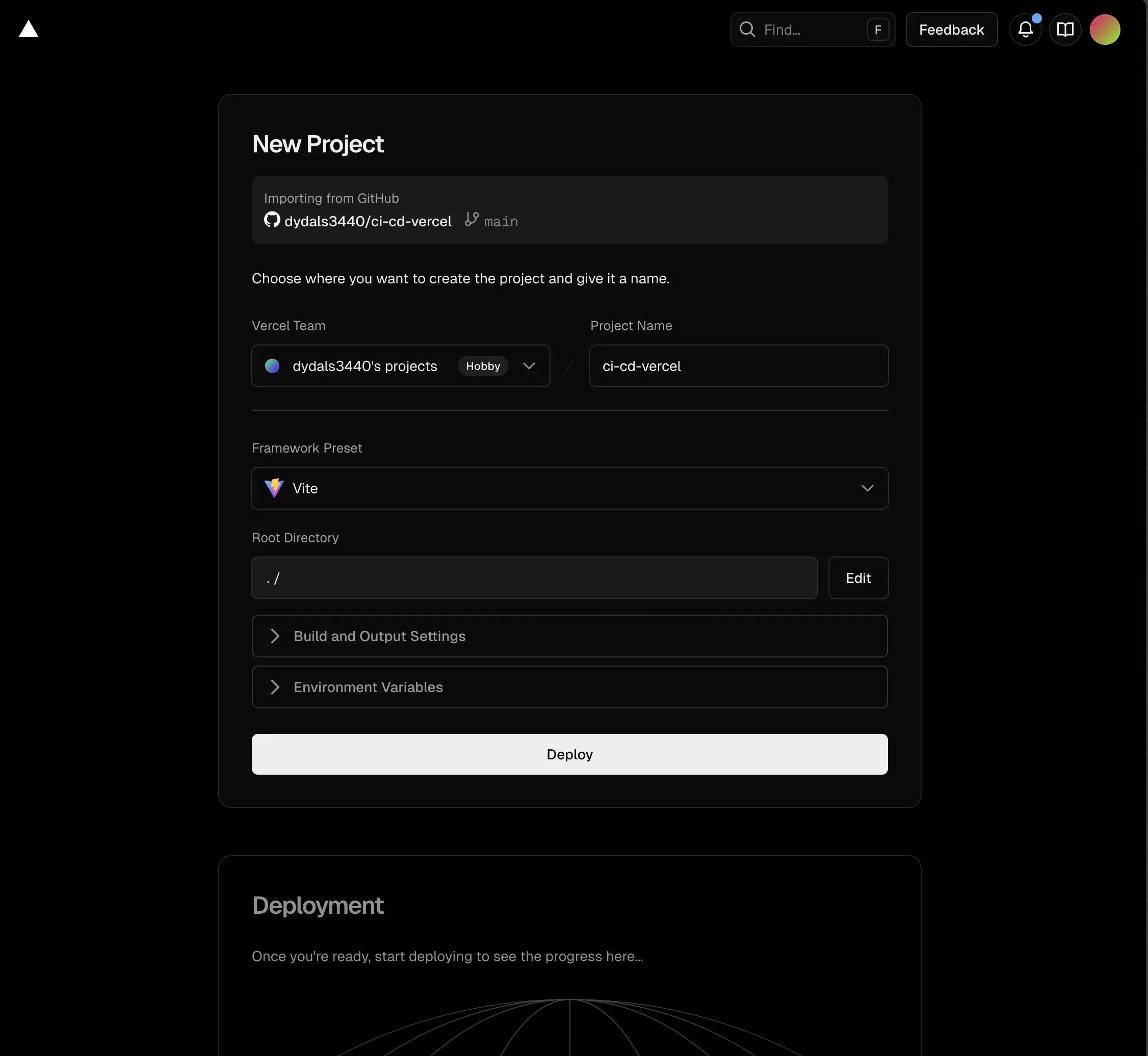 Vercel Git Integration 설정 화면
