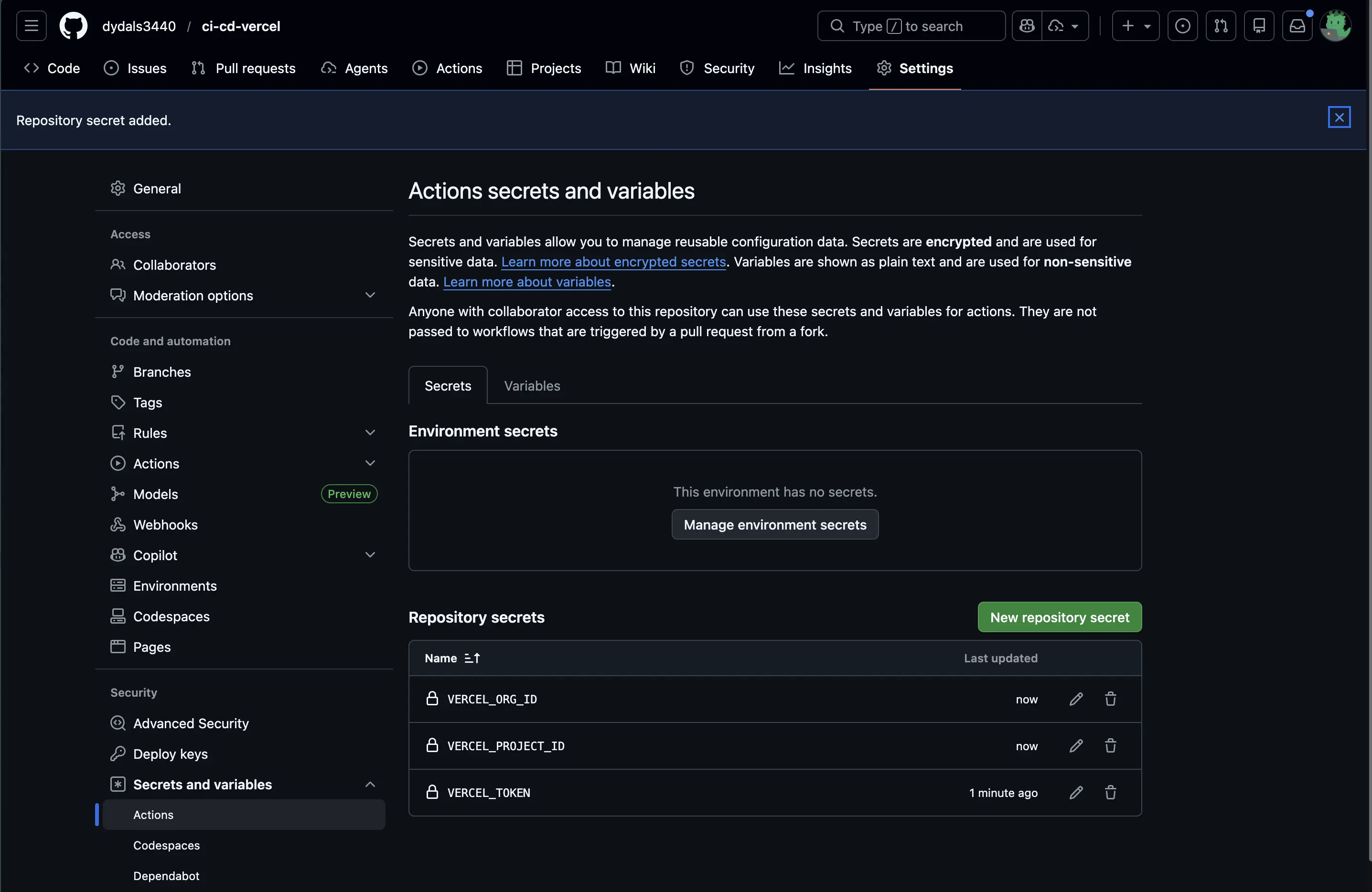 GitHub Secrets 입력 후 화면