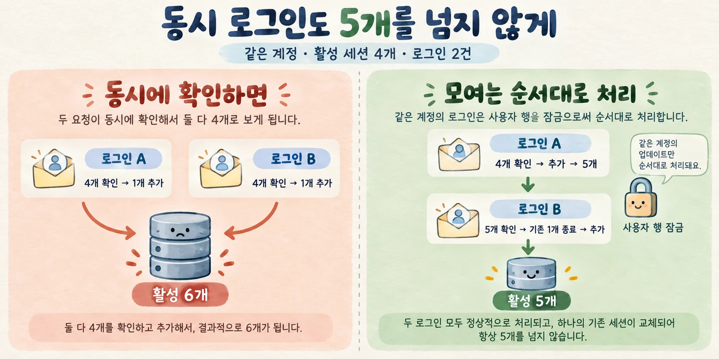 같은 계정의 로그인 두 건을 순서대로 처리해 활성 세션을 5개로 유지한다