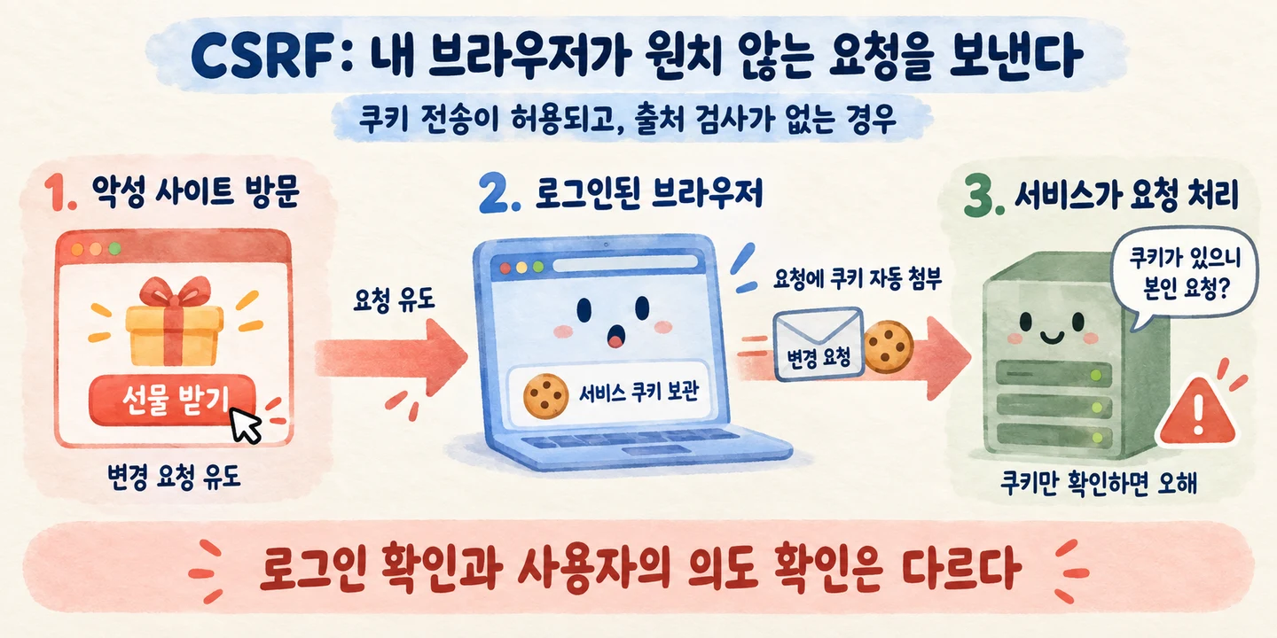 악성 사이트가 로그인된 브라우저에 변경 요청을 유도하고, 쿠키만 확인하는 서비스가 이를 정상 요청으로 오해하는 CSRF의 흐름