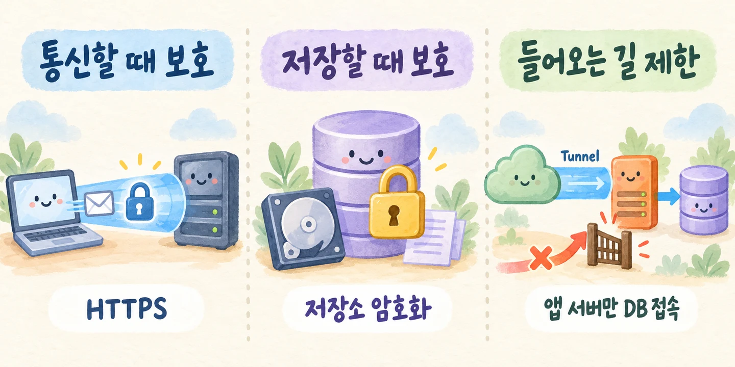 통신할 때 HTTPS로 보호하고, 저장소는 암호화하며, 서버와 DB의 접근 경로를 제한한다
