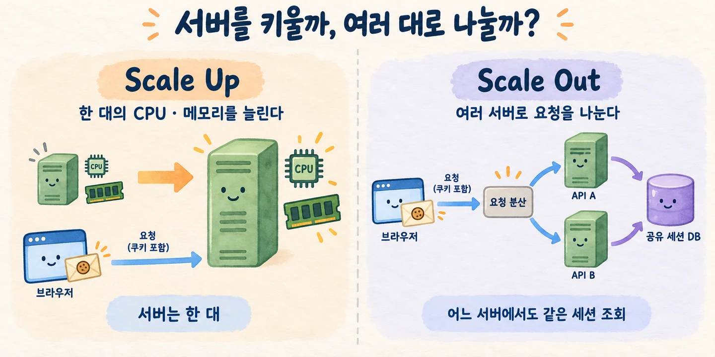 Scale Up은 서버 한 대의 CPU와 메모리를 늘리고, Scale Out은 여러 서버로 요청을 나누며 공유 DB에서 같은 세션을 확인한다