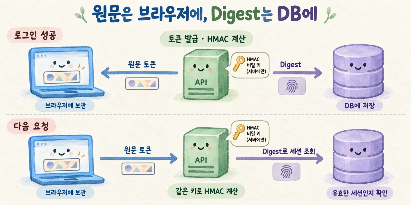 브라우저는 원문 토큰을 보관하고, 서버는 HMAC Digest로 DB의 세션을 찾는다